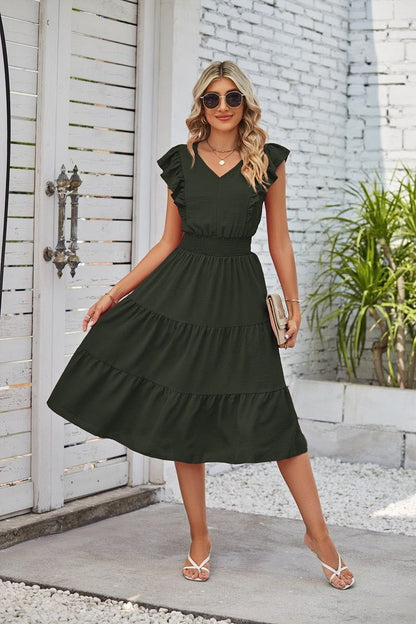 Cheky - New Ruffled Sleeveless V-Neck Dress Summer Fashion Elastic Waist A-Line Dresses For Womens Clothing