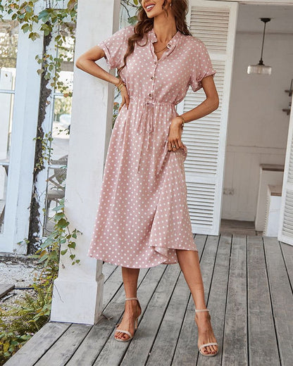 Cheky - Polka Dot Print Shirt Collar Large Swing Dress