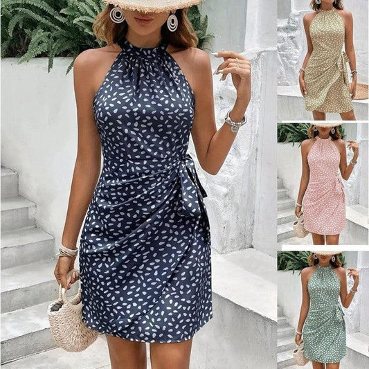 Cheky - Summer Halterneck Printed Dress With Tied-waist Design Women's Shivering Dots Temperament Dress