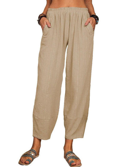 Cheky - Women's Solid Color Loose Cotton And Linen Casual Pants Home