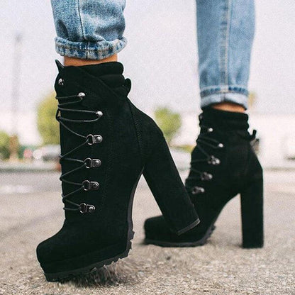 Cheky - Heeled Boots For Women Round Toe Lace UP High Heels Boots Mid Calf Shoes