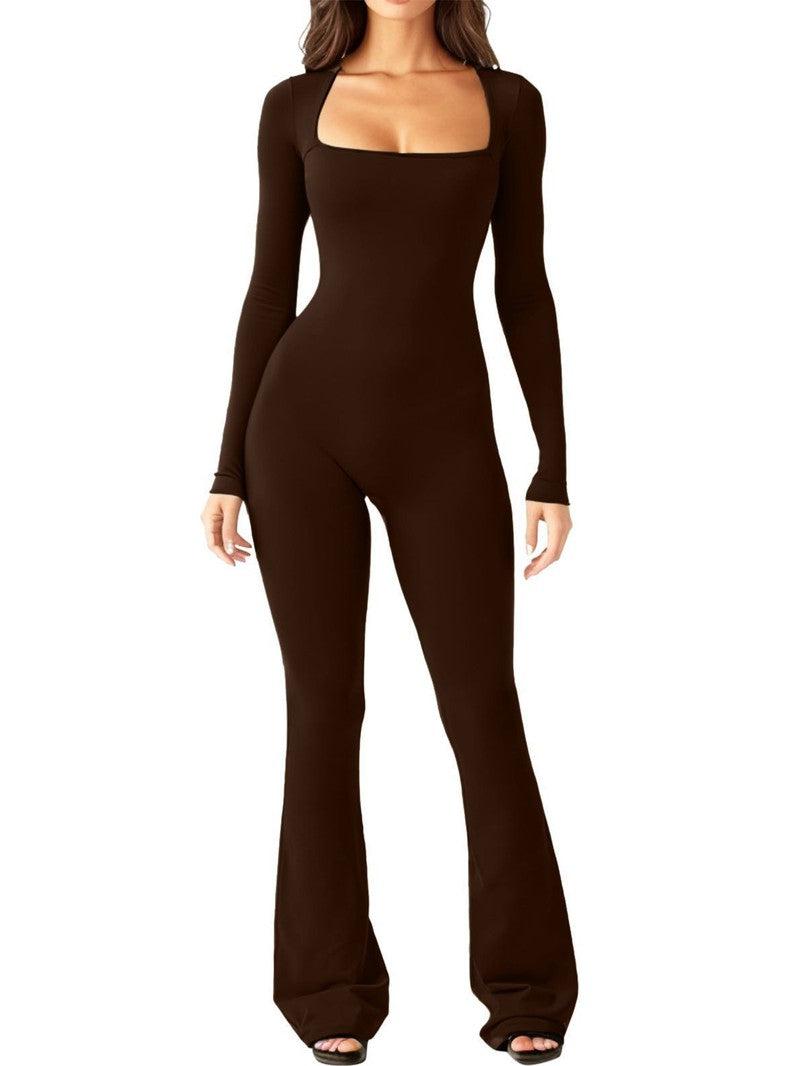 Cheky - Women Long Sleeve Belly Waist Shaping And Hip Lift Square Collar Wide Leg High Elastic Jumpsuit