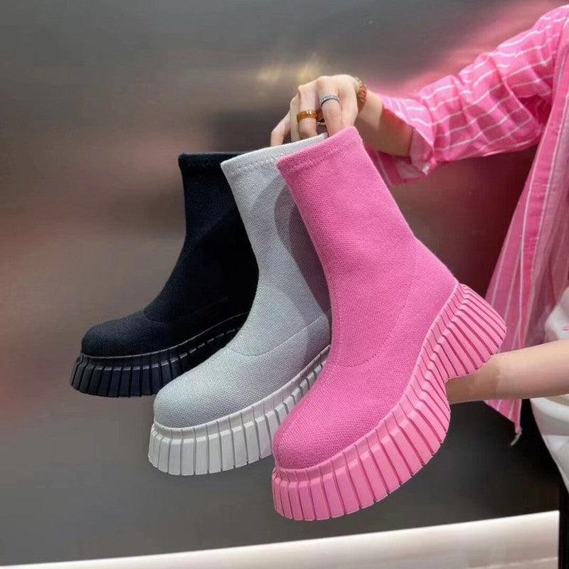 Cheky - Thick Sole Long Boots Solid Color New Fashion Trendy Fly-woven Elastic Shoes Women's Winter FootwearHigh Boots