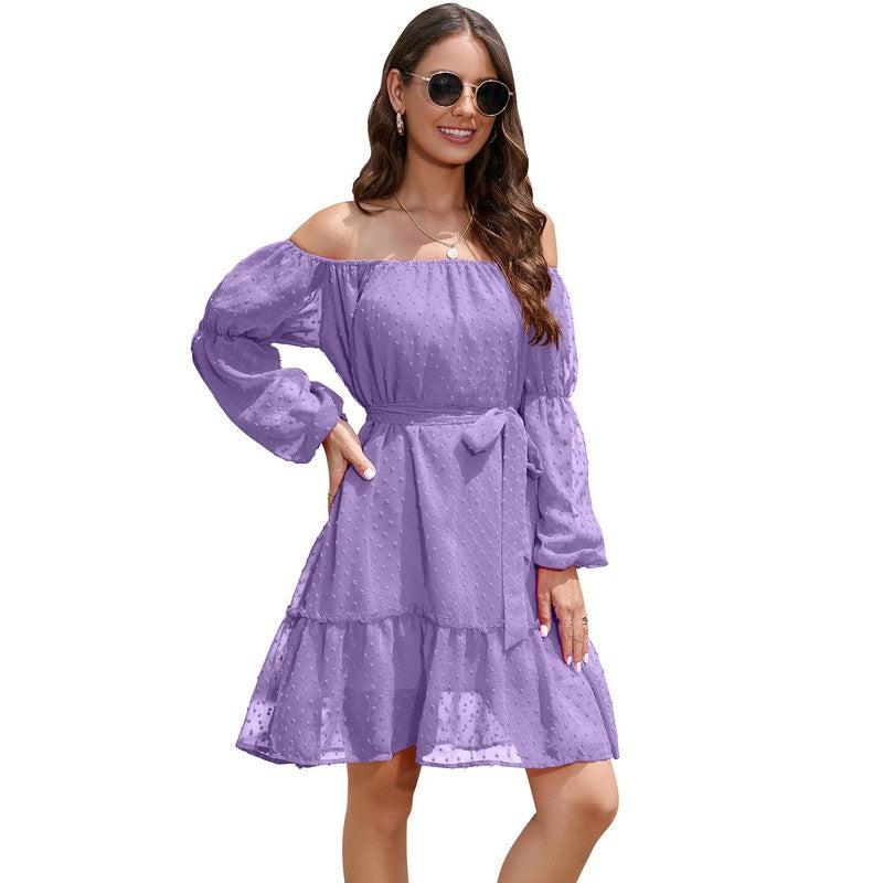 Cheky - Fashion One-shoulder Long Sleeve Dress For Women Tie Waist Off-shoulder Bubble Dot Ruffle Design Chiffon Dress