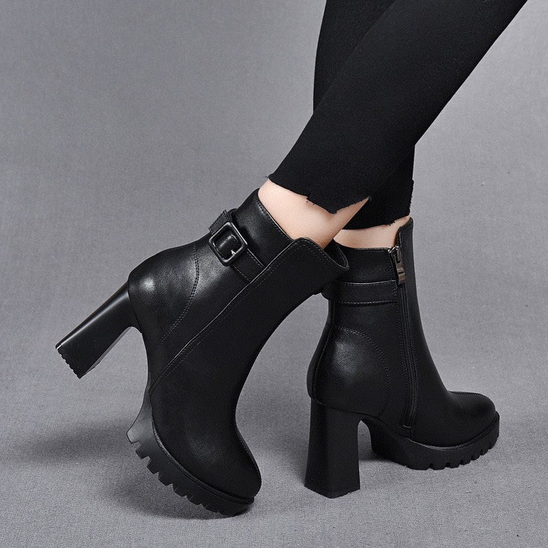 Cheky - Women's Stylish Platform High Heel Leather Boots With Belt Buckle