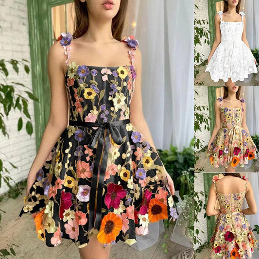 Cheky - Three-dimensional Flower Embroidery Dress Summer Fashion Sweet A-line Suspender Dresses For Womens Clothing