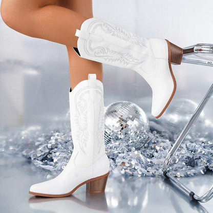 Cheky - White Knight Boots Fashion Embroidered Pointed Toe Square Heel Mid-calf Western Boots Women Autumn Winter Shoes