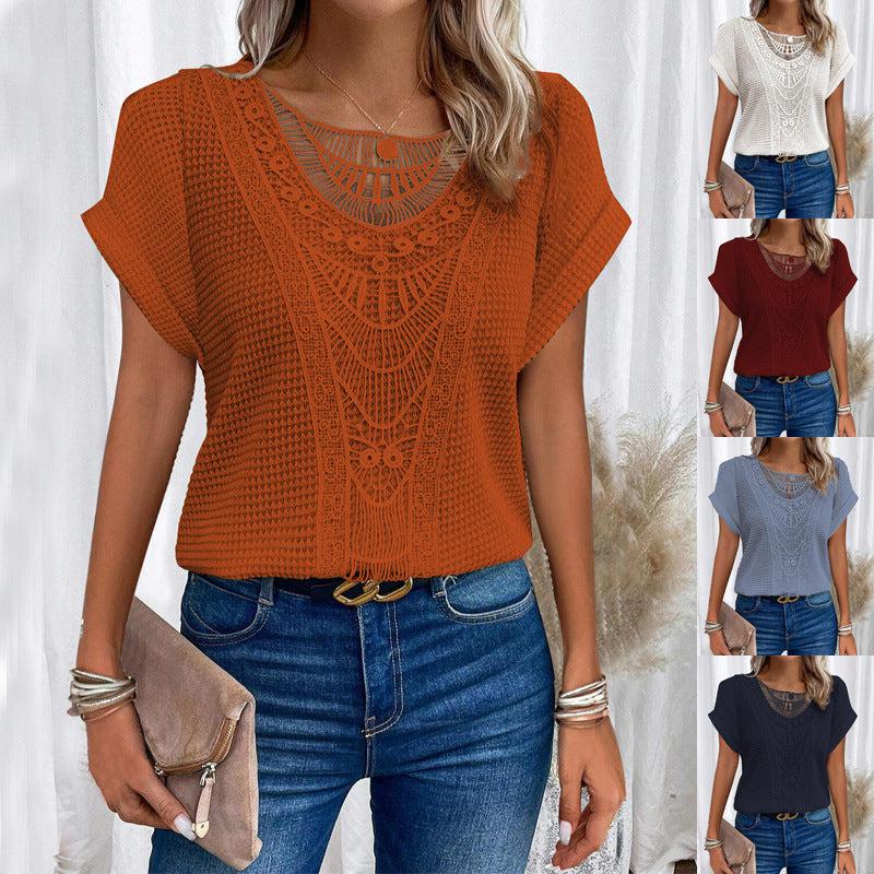 Cheky - Lace Patchwork Short-sleeved T-shirt Women's Clothing