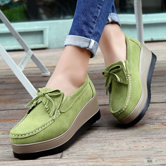 Cheky - New Tassel Bow Design Shoes For Woman Fashion Thick Bottom Wedges Shoes Casual Slip On Solid Color Flats