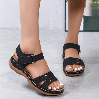 Cheky - Summer Wedges Roman Sandals For Women Casual Hollow Velcro-design Beach Shoes