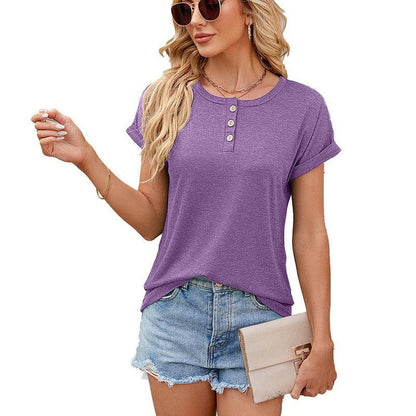 Cheky - Solid Color Round Neck Button Short Sleeve T-Shirt New Summer Loose Top For Womens Clothing