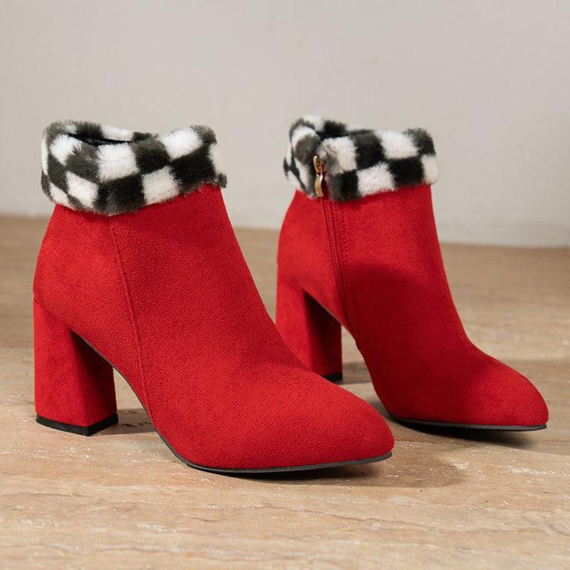 Cheky - New Plaid Print Plush Ankle Boots Winter Fashoin Square Heel Suede Boots Women Casual Versatile Shoes Autumn And Winter