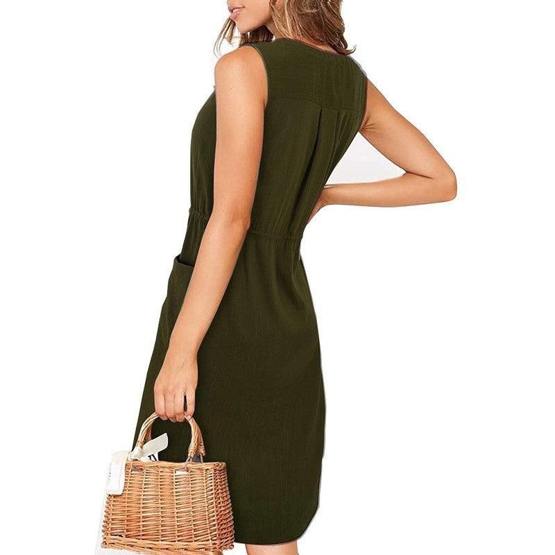 Cheky - Sleeveless V-neck Buttoned Dress With Pockets Fashion Casual Waist Tie Design Summer Dress Womens Clothing