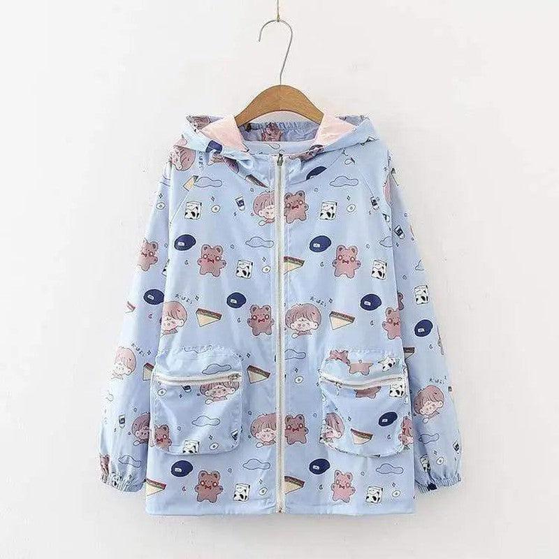 Cheky - Big Girl Cute Printed Trench Coat Loose Hooded Jacket