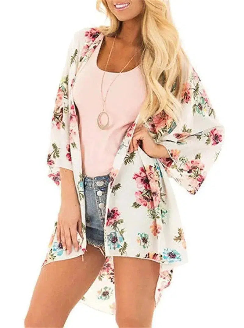 Cheky - Chiffon Printed Cardigan Sunscreen Long Kimono Bikini Blouse