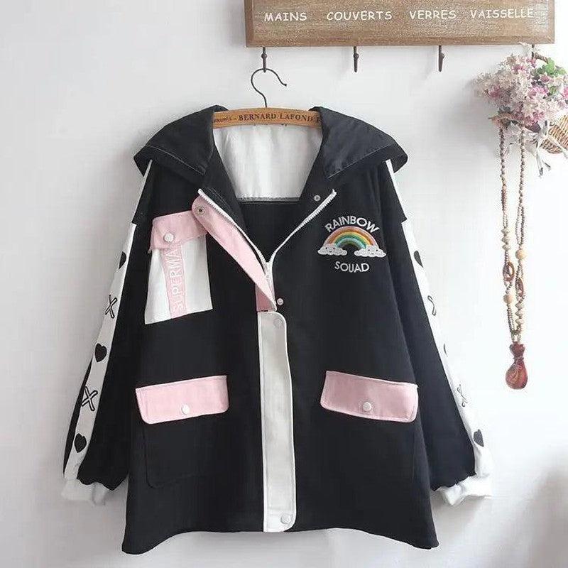 Cheky - Cute Autumn Soft Girl Loose Cardigan Rainbow Embroidery Hood