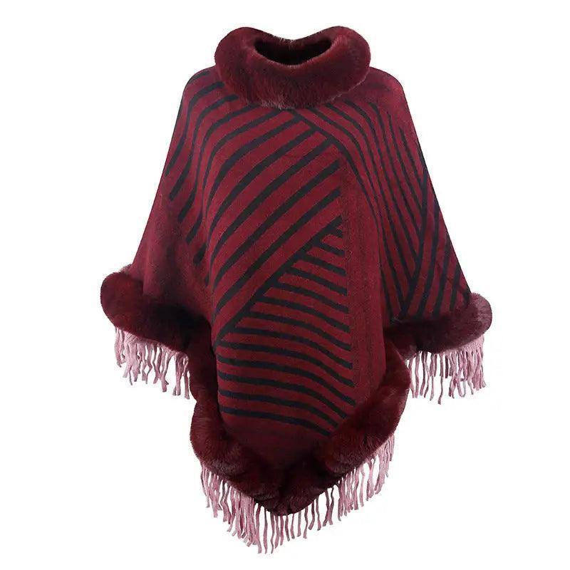 Cheky - Drizzling Fur Collar Pullover Tassel Knitted Cape For Women