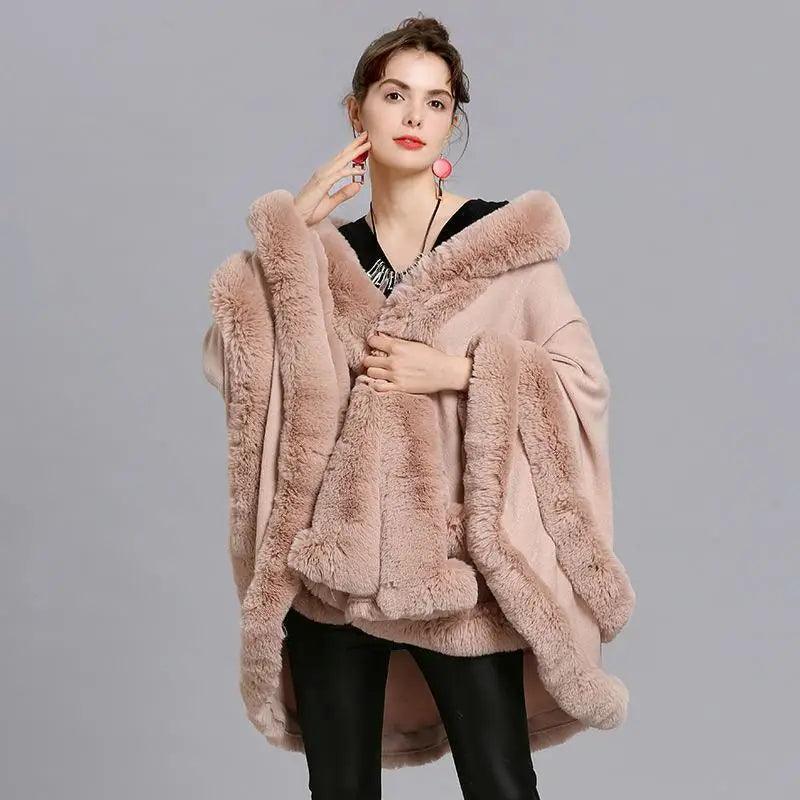 Cheky - Faux Fox Fur Collar Fur Hooded Knit Cardigan Cape Cape