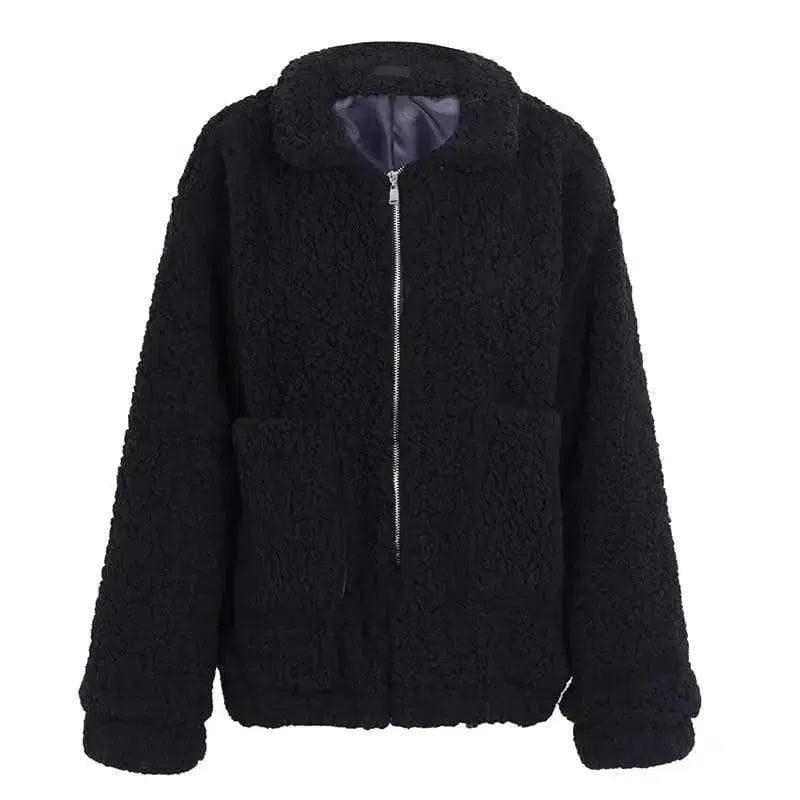 Cheky - Faux lambswool oversized jacket coat Winter black warm