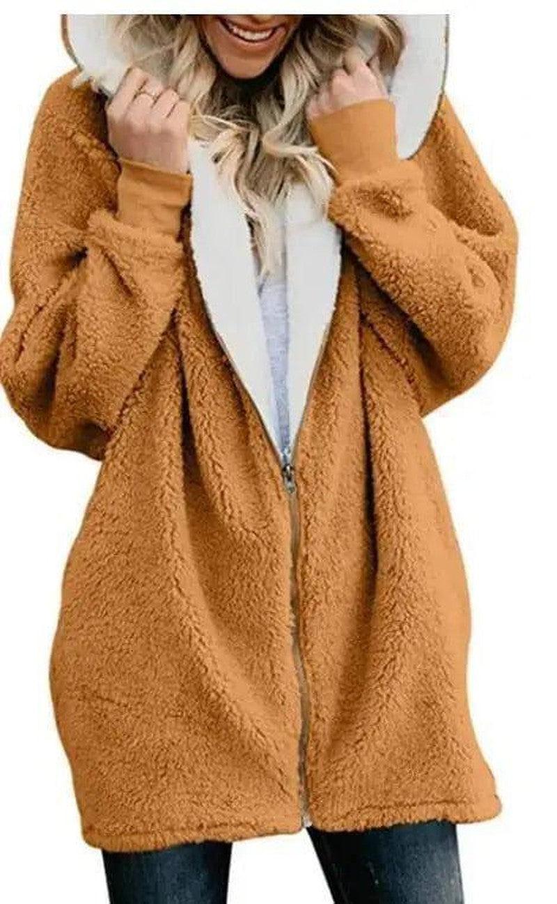 Cheky - Hooded zipper cardigan fur coat plush sweater