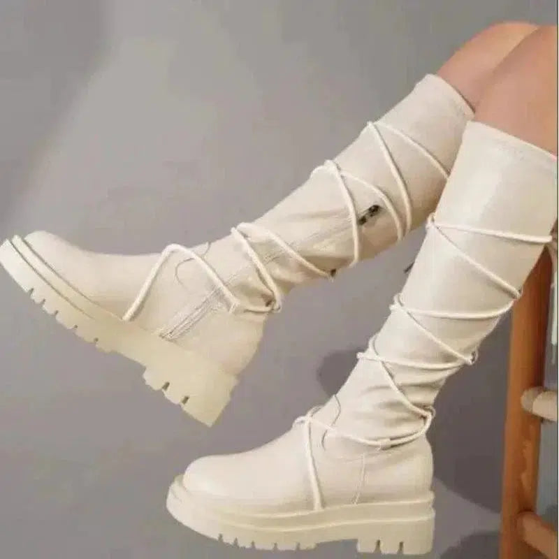 Cheky - Lace-Up Platform Boots White Long Cowboy Boots Women