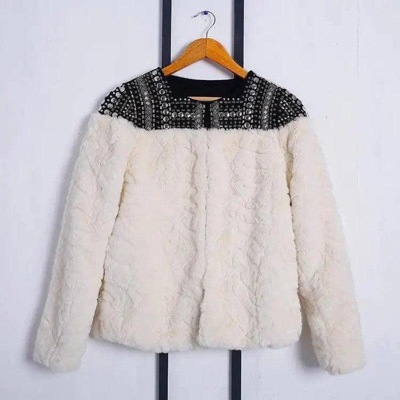 Cheky - Lamb Wool Beaded Fur Short Coat Thickened Cashmere