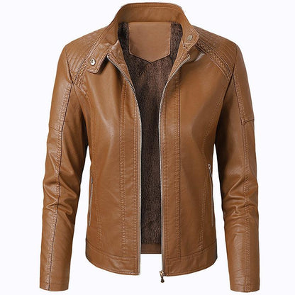 Cheky - Long Sleeve Ladies Leather Jacket Pu Leather Women Short