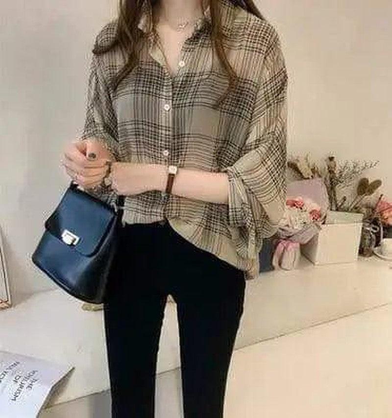 Cheky - Loose Plaid Shirt Women's Long-sleeved Hong Kong Style