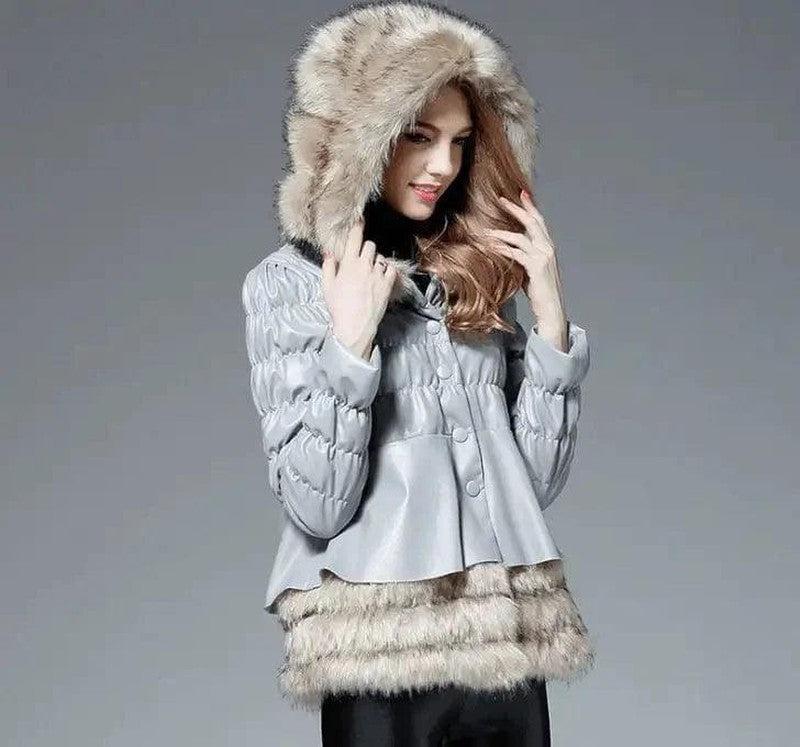 Cheky - New Haining fur coat female Slim PU leather hooded raccoon