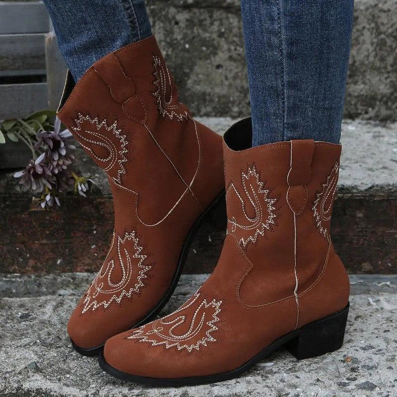 Cheky - New Large Short Boots Embroidered Ethnic Style Slope Heel Casual Women