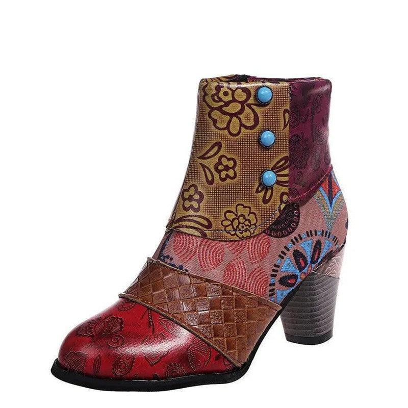 Cheky - Print Ankle Boots Chunky Mid Heel Boots Women Side Zipper Shoes