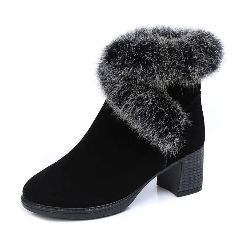 Cheky - Rabbit Fur Snow Boots Women Cotton Shoes Mid Heel Plus Velvet Thick Warm