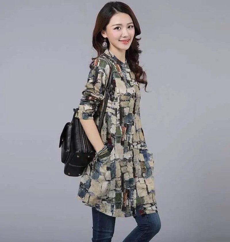 Cheky - Retro Print Long Sleeve Loose Shirt Mid-length Long Sleeve