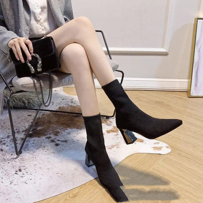 Cheky - Thick Heel Elastic Thin Net Red Socks Boots Mid-tube Pointed Toe High-heeled Short Boots Women