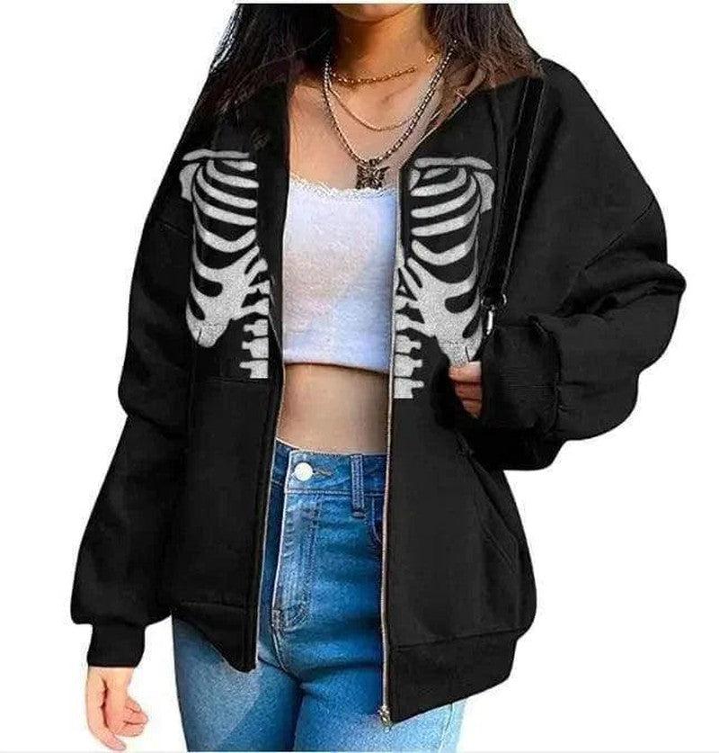 Cheky - Women's Streetwear Hooded Jacket Skeleton Print Coat Loose